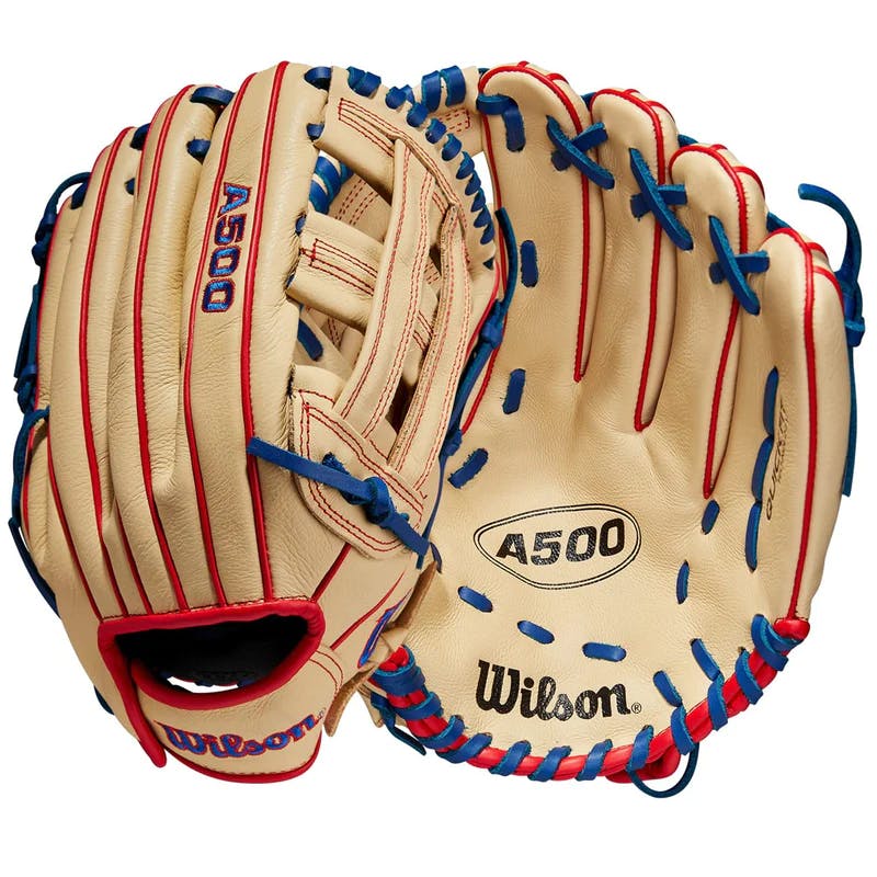 New WILSON A500 12'' GLOVE AGES 7-10 BLONDE/RD/RYL LFT Fielders Gloves